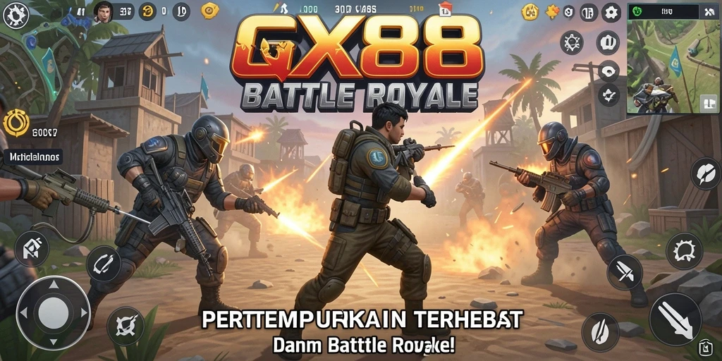 Screenshot gameplay GX88 menampilkan pertempuran seru dalam Battle Royale.