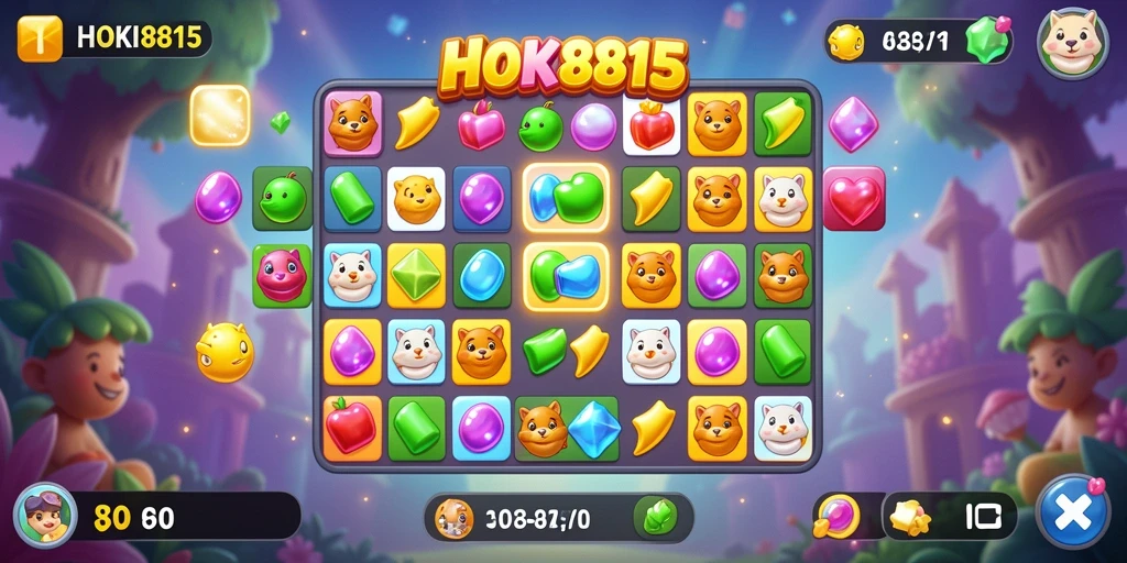 Tampilan gameplay HOKI8815 dengan elemen Match-3 yang menarik dan penuh warna.