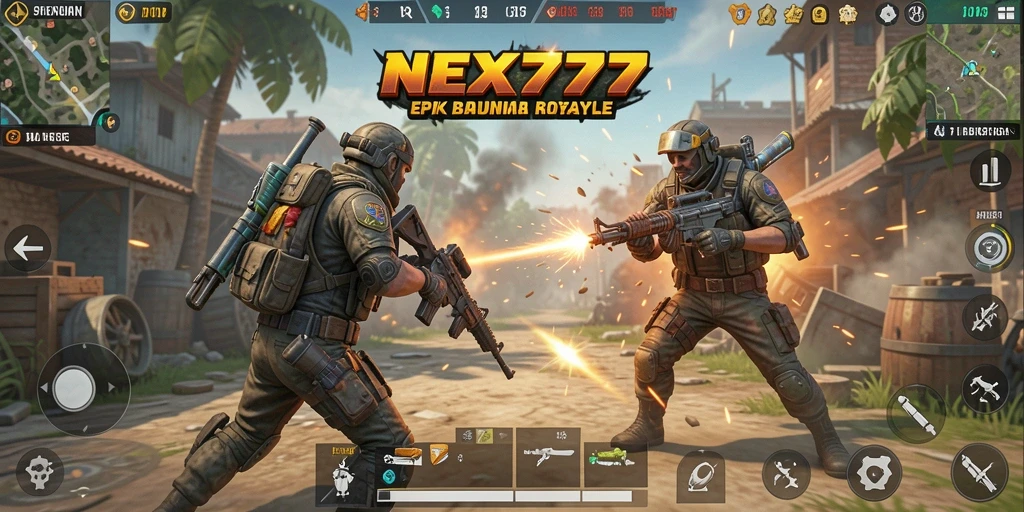 Screenshot gameplay NEX777 menampilkan aksi penuh adrenalin di arena Battle Royale.
